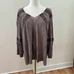 Women's Large Relaxed Washed Embroidered Loose Bell Sleeves Casual Flowy Blouse